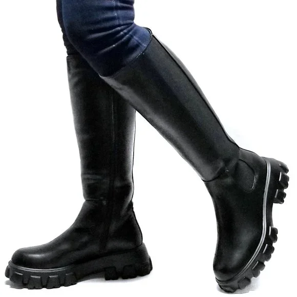 New Black Elastic Lug Sole Platform Combat Knee High Boots - Picture 1 of 2